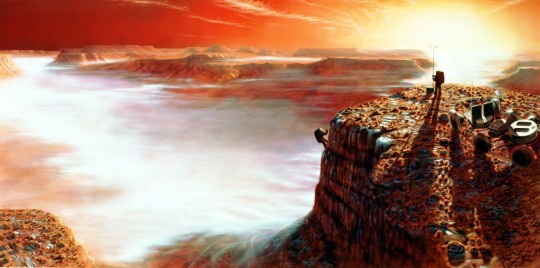 A concept drawing depicting the first humans on the surface of Mars.