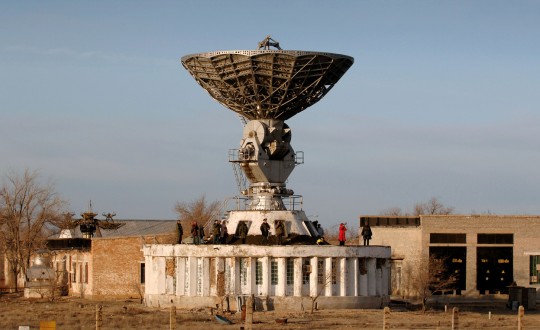 A communications dish at the Baikonur space complex.