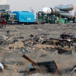 A Soyuz module being transported through the Baikonur complex.