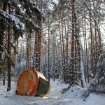A Soyuz capsule in the snowy woods.