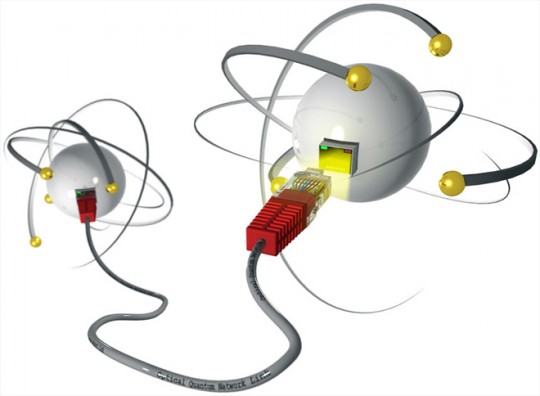 Quantum Communication Network A graphic illustrating the concept of quantum communications