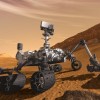 An artists rendering of the Mars Curiosity rover on the surface of Mars