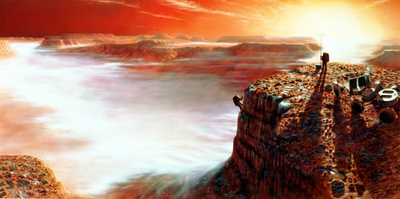 A concept drawing depicting the first humans on the surface of Mars.