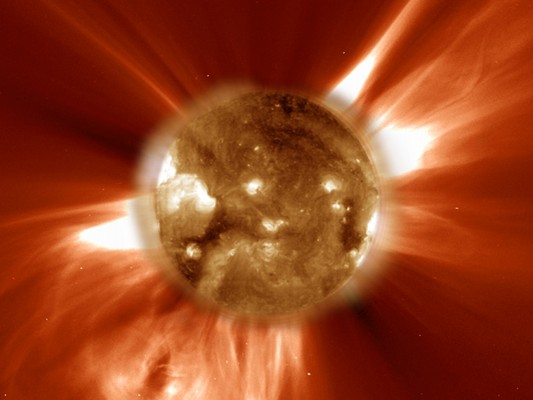 The sun erupting with a coronal mass ejection.