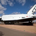 A Buran space shuttle on the ground at the Baikonur cosmodrome.