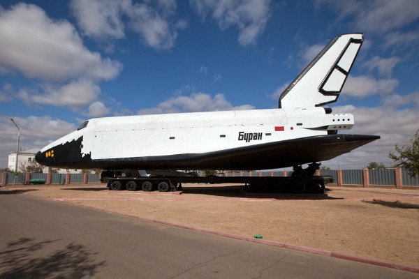 A Buran space shuttle on the ground at the Baikonur cosmodrome.