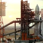 The Baikonur Cosmodrome with the Buran on the launch pad.