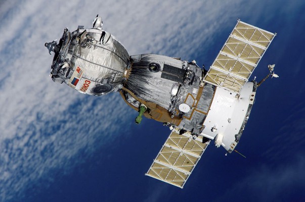 A Russian Soyuz spacecraft in orbit around Earth