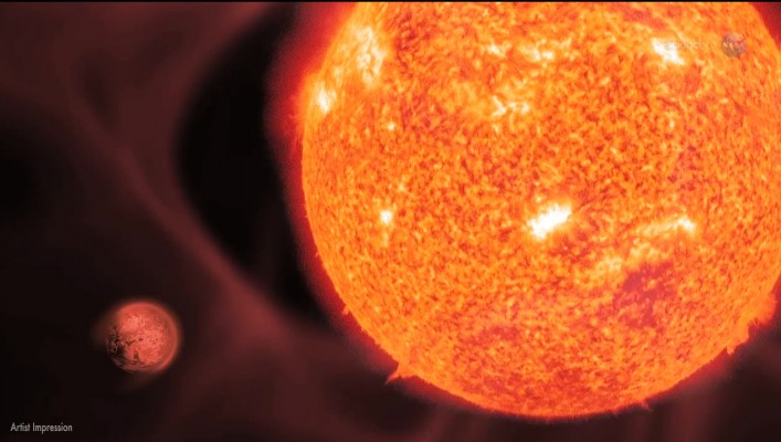 An artists rendering of exoplanet 55 Cancri e next to its star