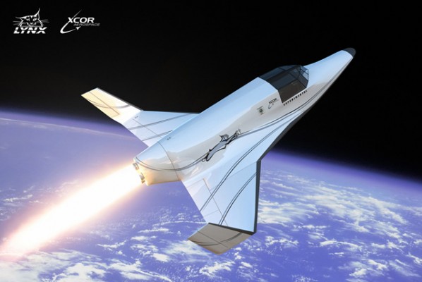 A concept image of the XCOR Lynx in orbital flight.