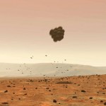 An artist's rendition of a Mars rover bouncing on the Martian Surface