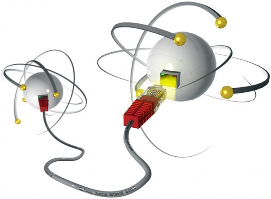 A graphic illustrating the concept of quantum communications